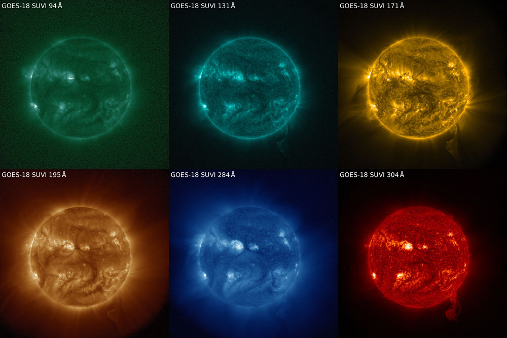 GOES-18 SUVI captured a coronal mass ejection on July 10, 2022. The sun is seen SUVI's six extreme ultraviolet channels. 